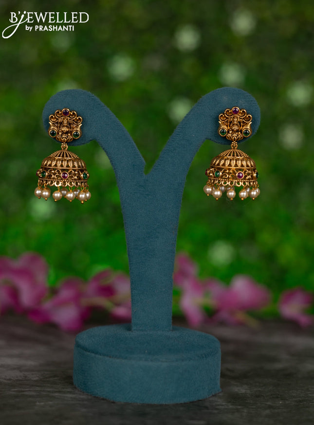 Antique jhumkas lakshmi design with kemp stones and pearl hangings