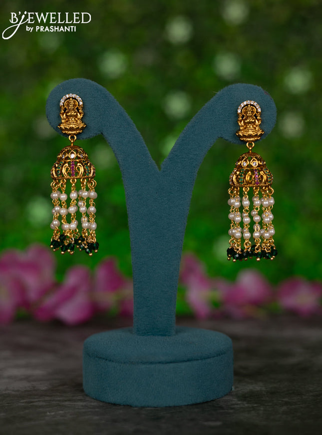 Antique jhumkas lakshmi design with kemp & cz stones and pearl & green beads hangings