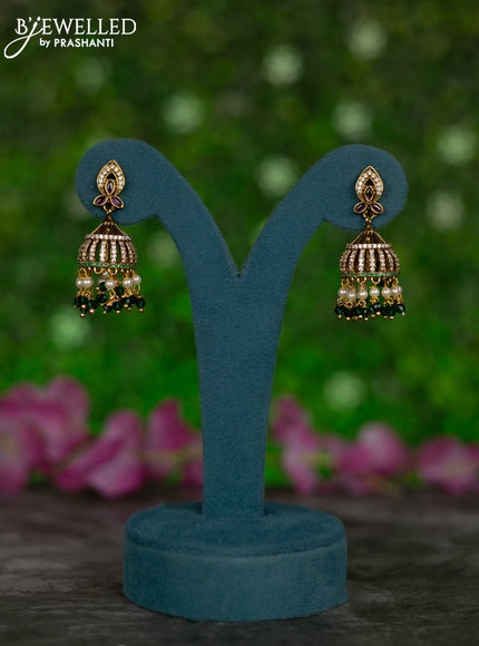 Antique jhumkas with kemp & cz stones and pearl & green beads hangings