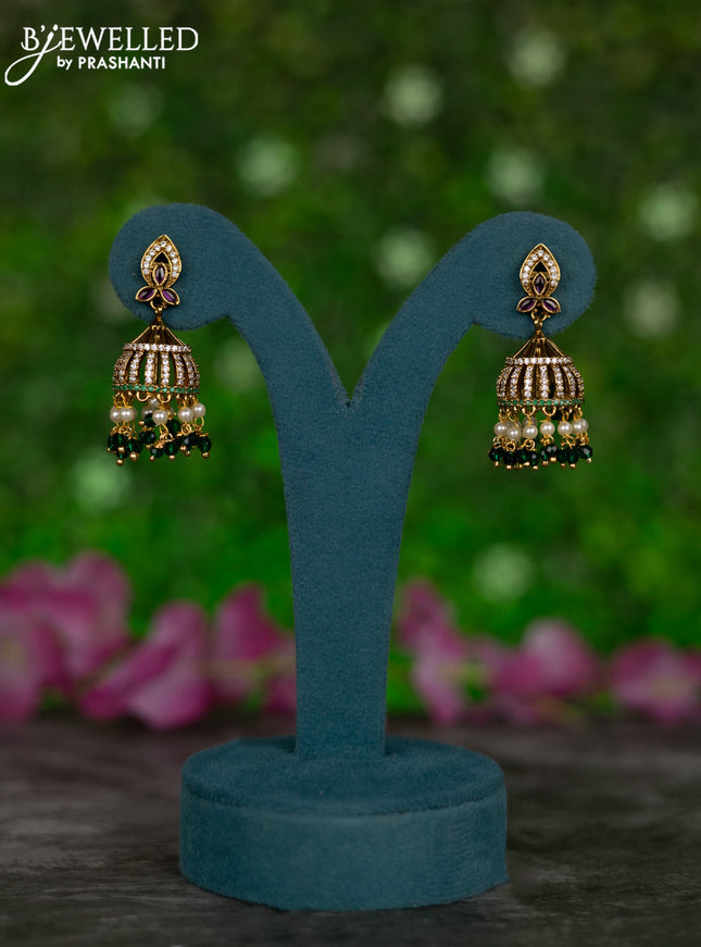 Antique jhumkas with kemp & cz stones and pearl & green beads hangings