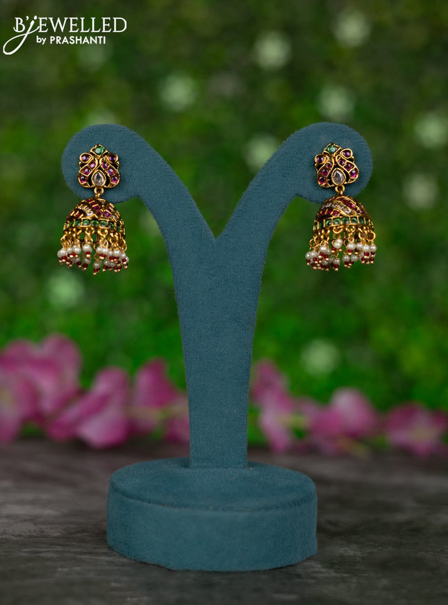 Antique jhumkas with kemp & cz stones and pearl hangings
