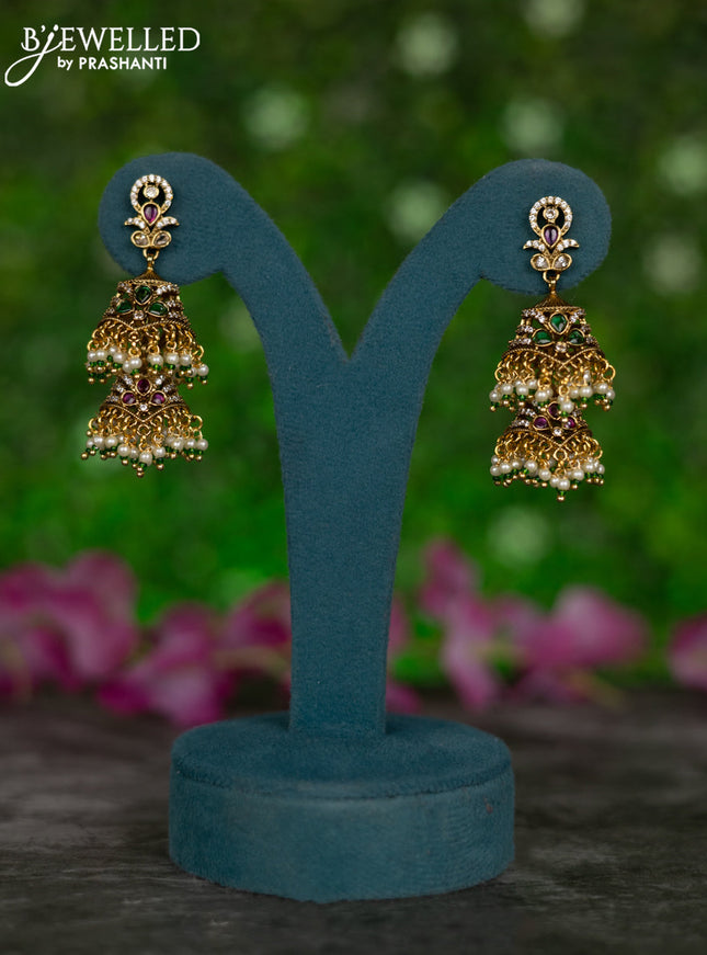 Antique double layer jhumkas with kemp & cz stones and pearl hangings