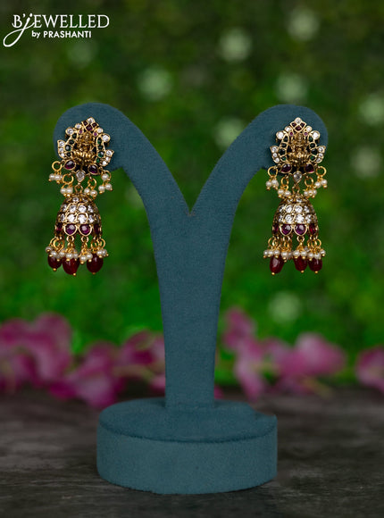 Antique jhumkas lakshmi design with kemp & cz stones and pearl & pink beads hangings