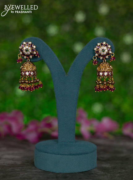 Antique jhumkas floral design with kemp & cz stones and pink beads hangings