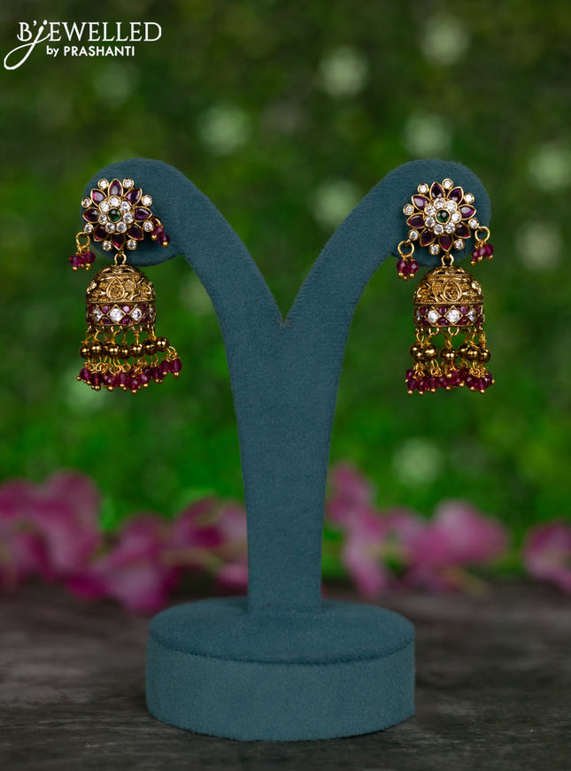 Antique jhumkas floral design with kemp & cz stones and pink beads hangings