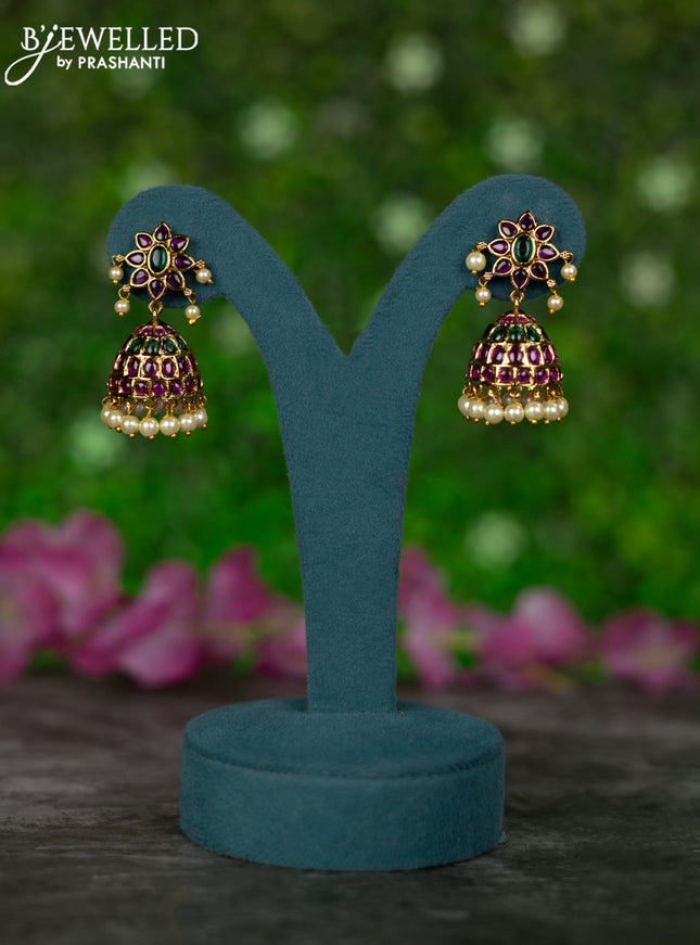 Antique jhumkas with kemp stones and pearl hangings