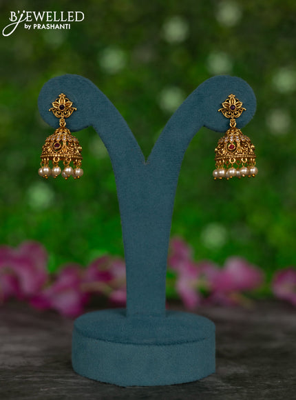 Antique jhumkas with pink kemp & cz stones and pearl hangings