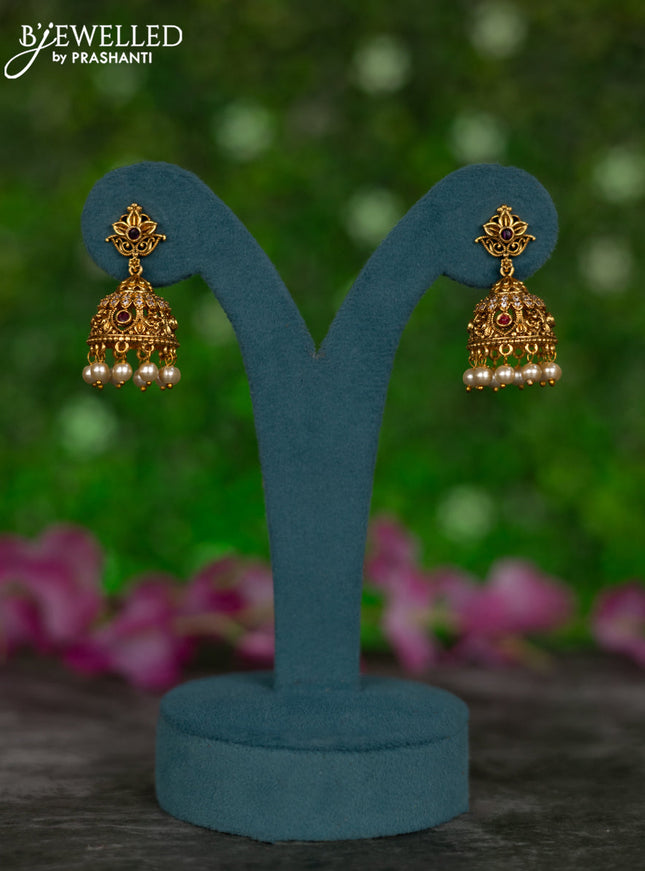 Antique jhumkas with pink kemp & cz stones and pearl hangings