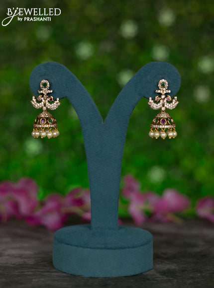 Antique jhumkas peacock design with kemp & cz stones and pearl hangings