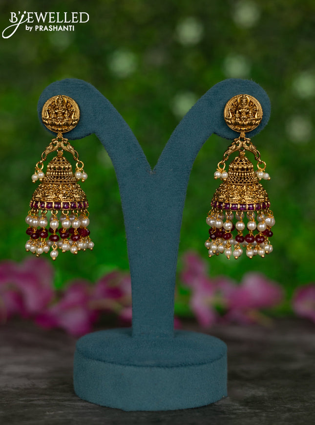 Antique jhumkas lakshmi design with pink kemp stones and pearl & pink beads hangings