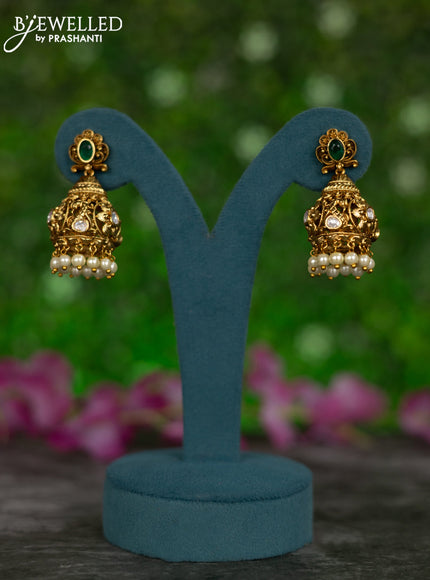 Antique jhumkas peacock design with green kemp & kundan stones and pearl hangings