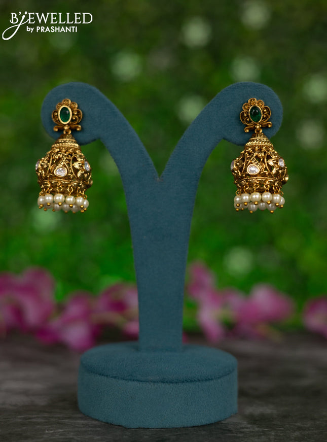 Antique jhumkas peacock design with green kemp & kundan stones and pearl hangings