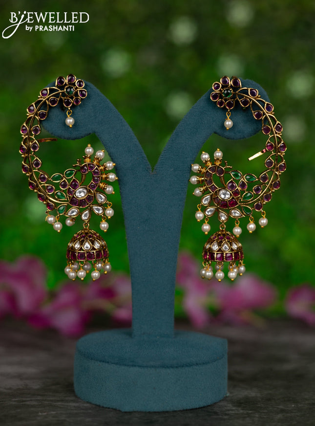Antique earcuff jhumkas peacock design with kemp & cz stones and pearl hangings