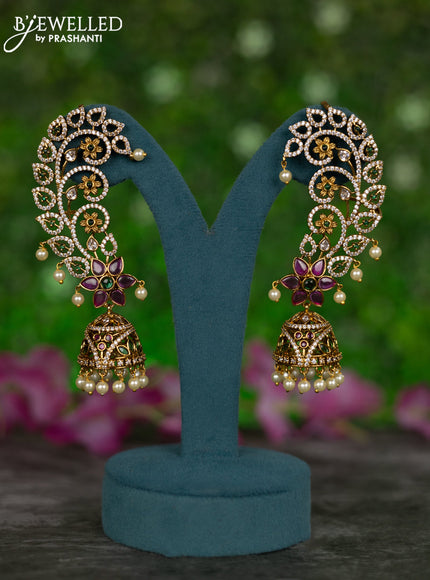 Antique earcuff jhumkas floral design with kemp & cz stones and pearl hangings