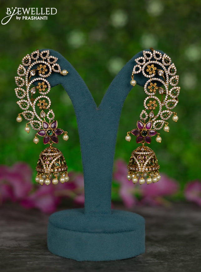 Antique earcuff jhumkas floral design with kemp & cz stones and pearl hangings