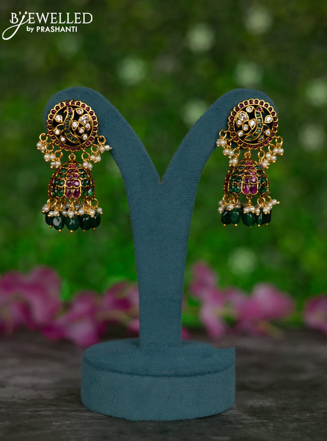 Antique jhumkas with kemp & cz stones and pearl & green beads hangings