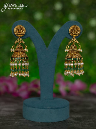 Antique jhumkas lakshmi design with green kemp & cz stones and pearl & green beads hangings
