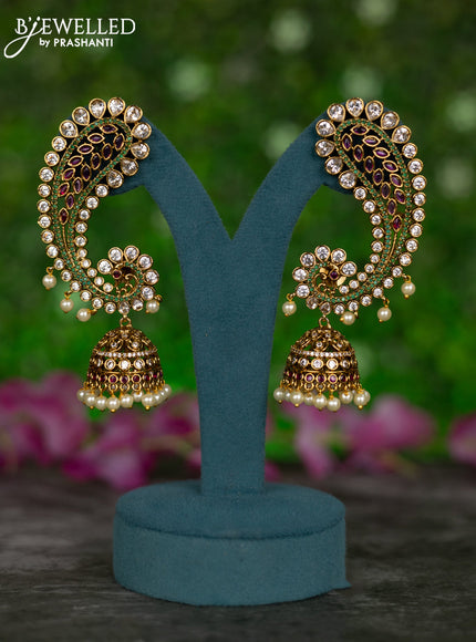 Antique earcuff jhumkas peacock design with kemp & cz stones and pearl hangings