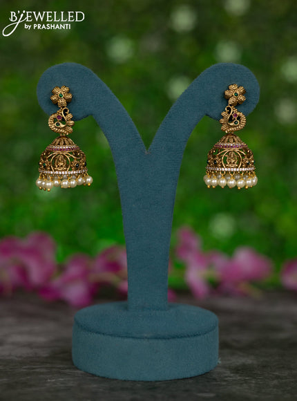 Antique jhumkas lakshmi design with kemp & cz stones and pearl hangings