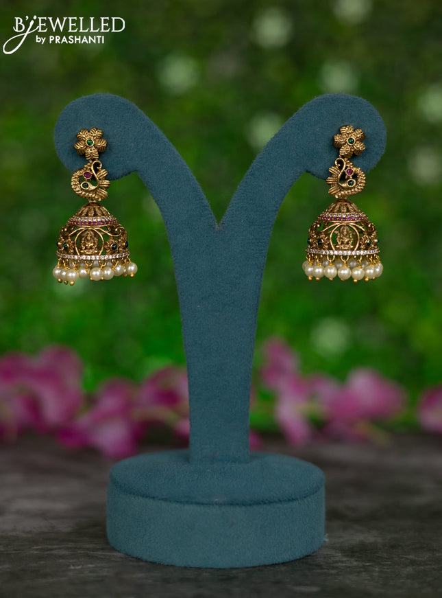 Antique jhumkas lakshmi design with kemp & cz stones and pearl hangings