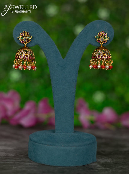 Antique jhumkas with kemp & cz stones and pearl & red beads hangings