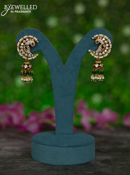 Antique jhumkas peacock design with kemp & cz stones and pearl & green beads hangings