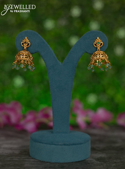 Antique jhumkas with kemp & cz stones and mint green beads hangings