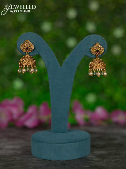 Antique jhumkas with kemp stones and pearl & mint green beads hangings