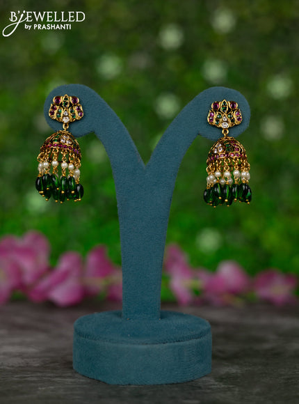 Antique jhumkas with kemp & cz stones and pearl & green beads hangings