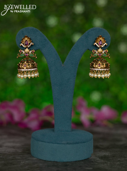 Antique jhumkas peacock design with kemp & cz stones and pearl hangings