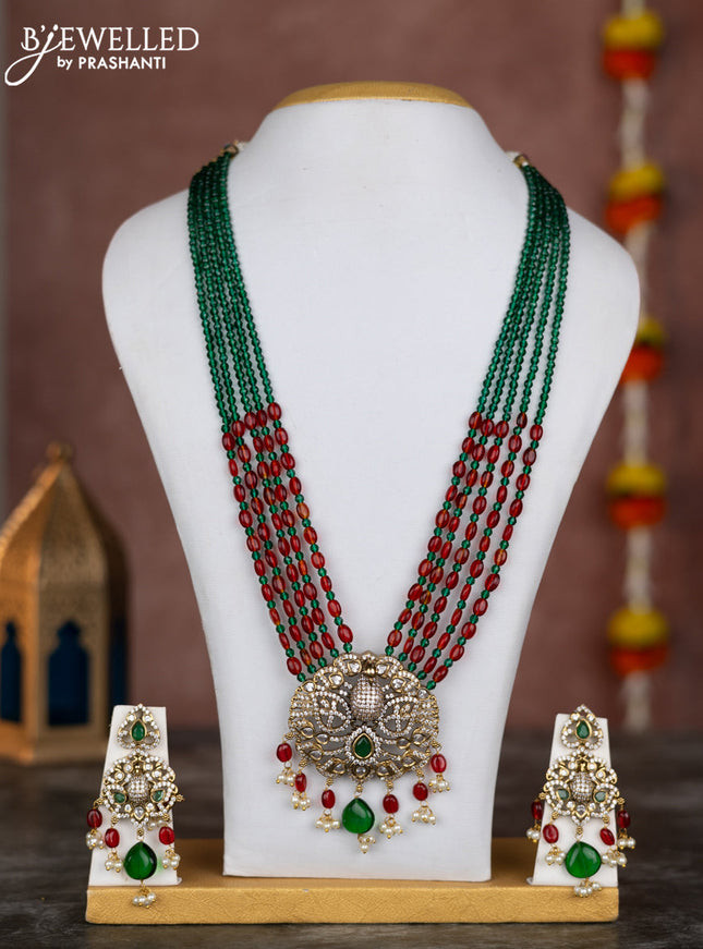 Beaded multilayer green red necklace peacock design with emerald & cz stones and pearl hangings in victorian finish