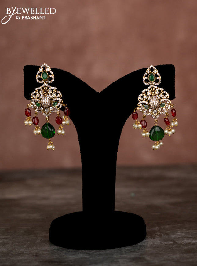 Beaded multilayer green red necklace peacock design with emerald & cz stones and pearl hangings in victorian finish