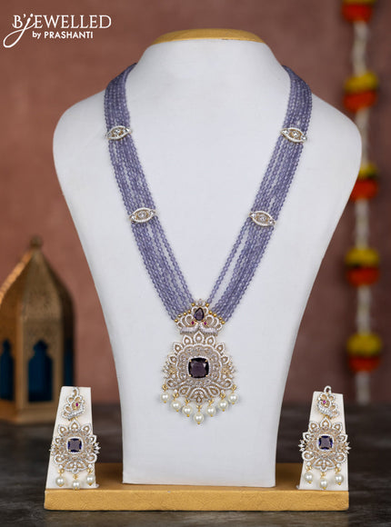 Beaded lavender necklace with violet & cz stones and pearl hangings in zircon finish