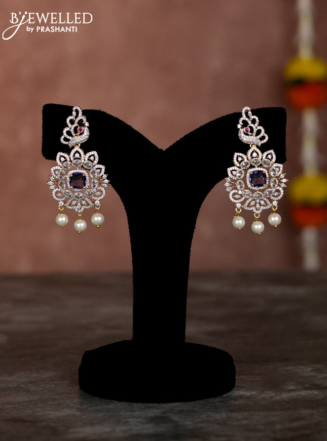 Beaded lavender necklace with violet & cz stones and pearl hangings in zircon finish