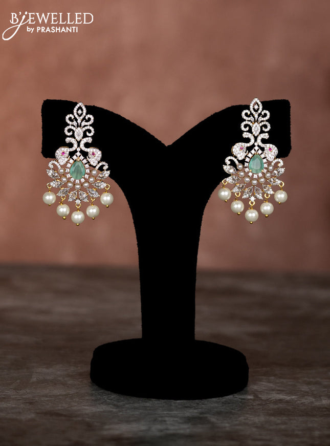 Beaded mint green necklace with cz stones and pearl hangings in zircon finish