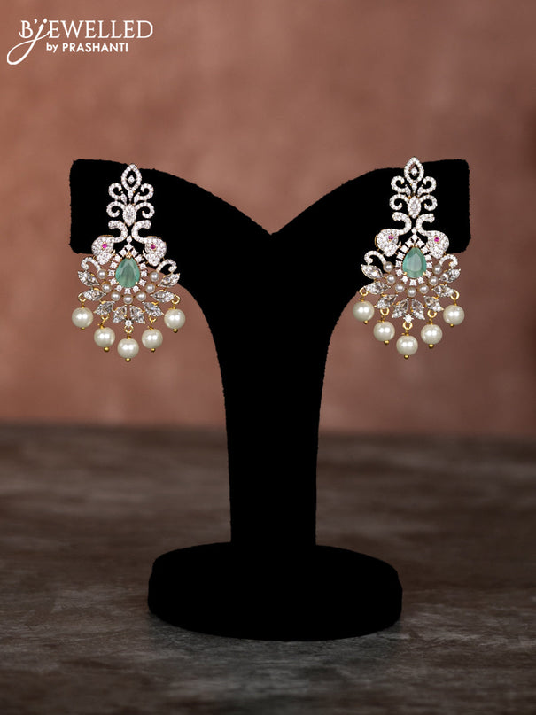 Beaded mint green necklace with cz stones and pearl hangings in zircon finish