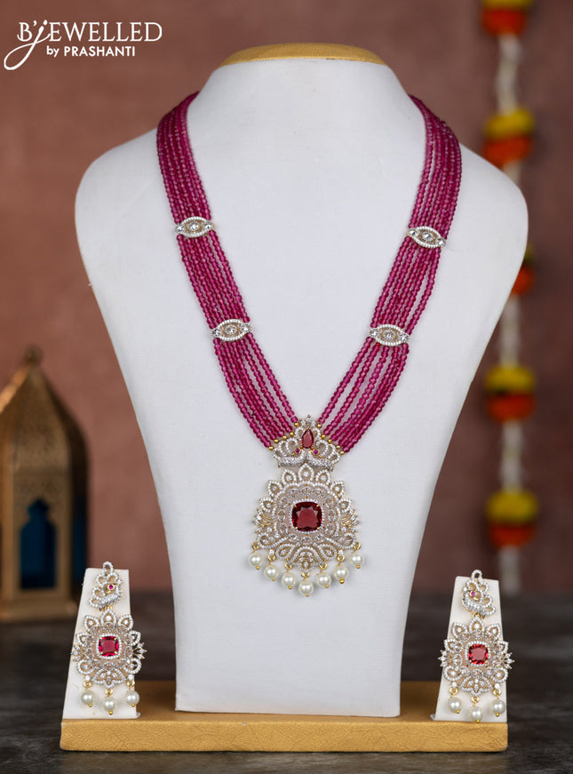 Beaded pink necklace with ruby & cz stones and pearl hangings in zircon finish