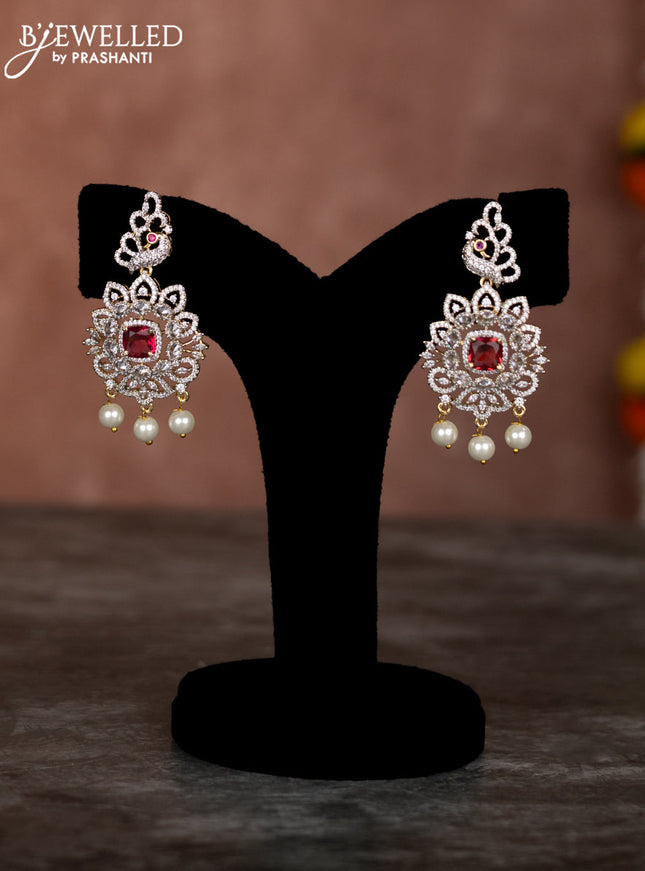 Beaded pink necklace with ruby & cz stones and pearl hangings in zircon finish
