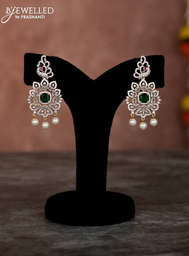 Beaded green necklace with emerald & cz stones and pearl hangings in zircon finish