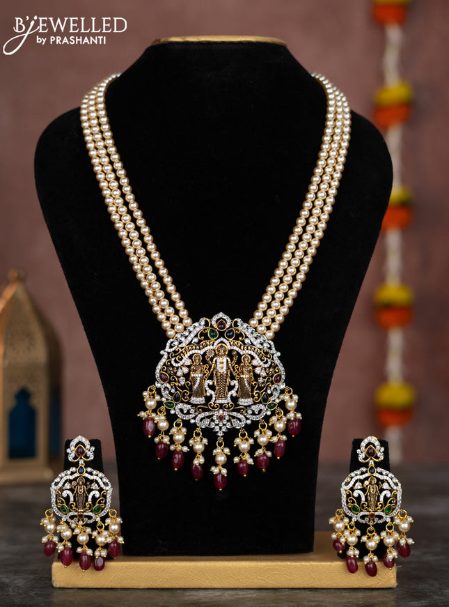 Pearl triple layer necklace tirupati balaji & lakshmi pendant with multicolour & cz stones and pearl hangings