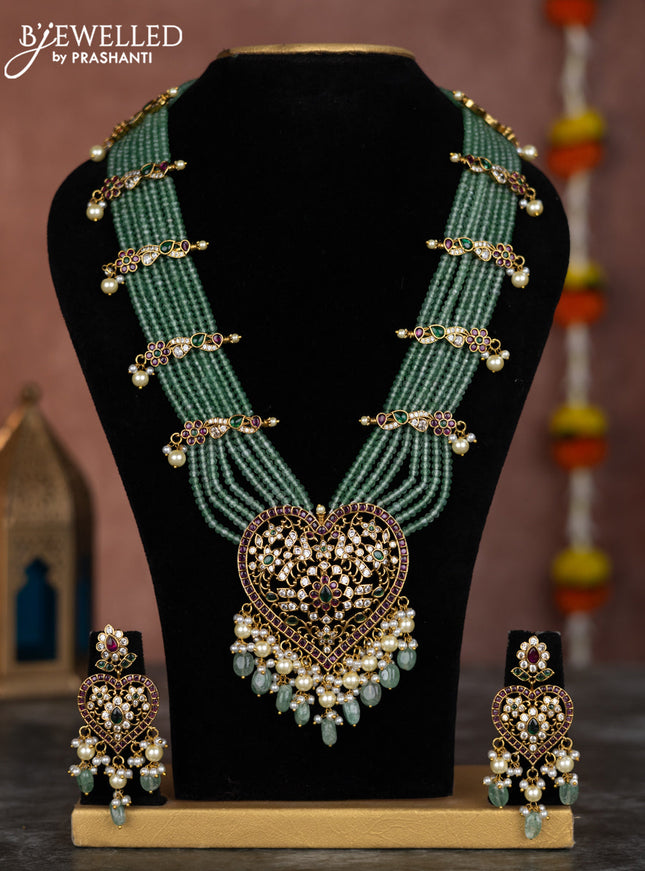 Beaded multilayer necklace heart shape pendant with kemp & cz stones and pearl hangings