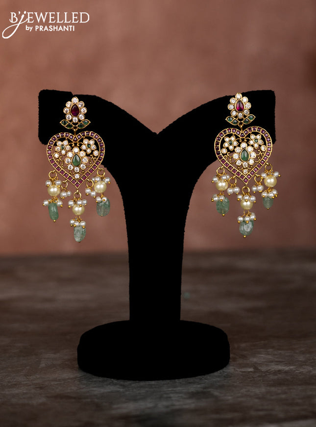 Beaded multilayer necklace heart shape pendant with kemp & cz stones and pearl hangings