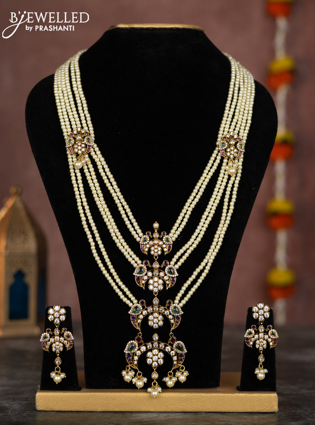 Pearl multilayer necklace chandbali pendant with kemp & cz stones and pearl hangings