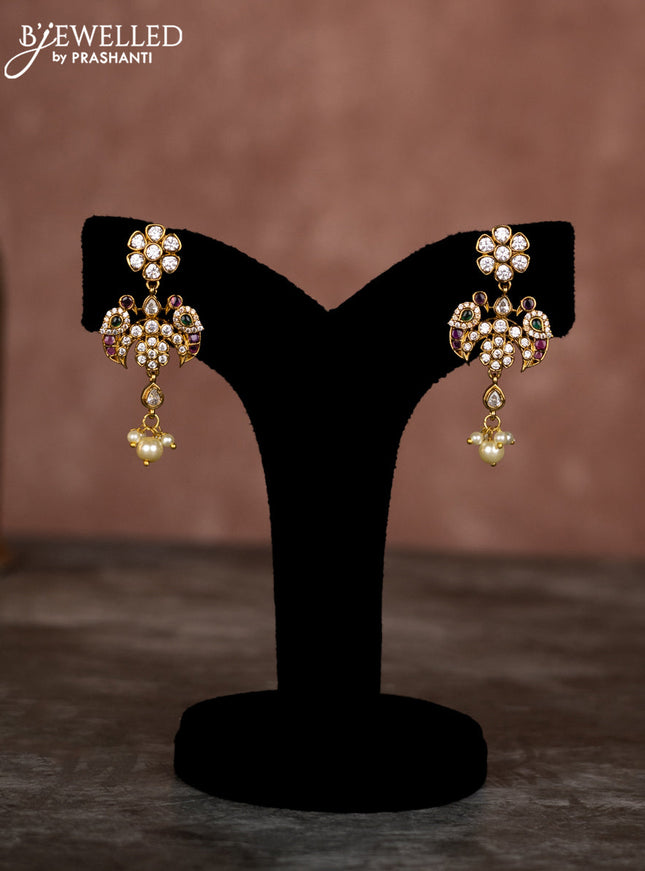 Pearl multilayer necklace chandbali pendant with kemp & cz stones and pearl hangings