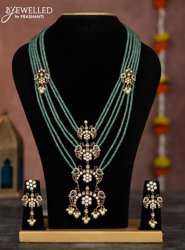 Beaded multilayer mint green necklace chandbali pendant with kemp & cz stones and pearl hangings in victorian finish