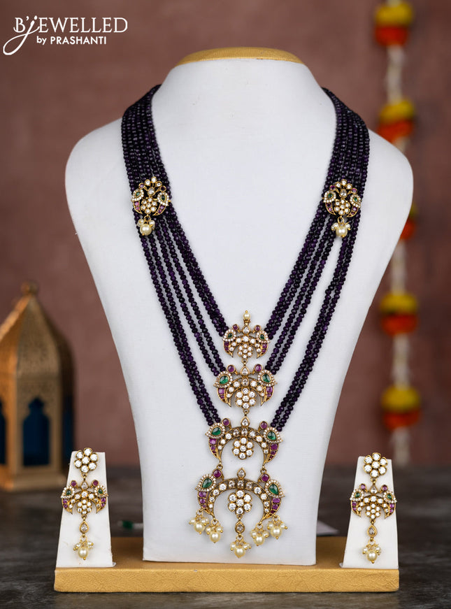 Beaded multilayer violet necklace chandbali pendant with kemp & cz stones and pearl hangings in victorian finish