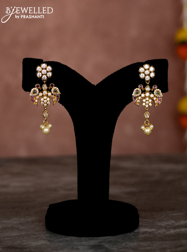 Beaded multilayer violet necklace chandbali pendant with kemp & cz stones and pearl hangings in victorian finish