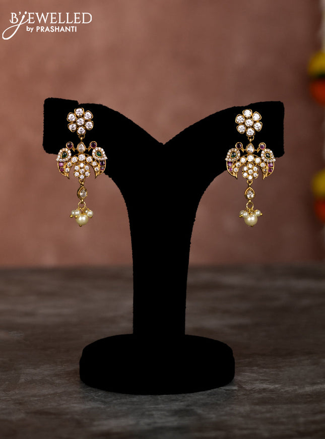 Beaded multilayer green necklace chandbali pendant with kemp & cz stones and pearl hangings in victorian finish