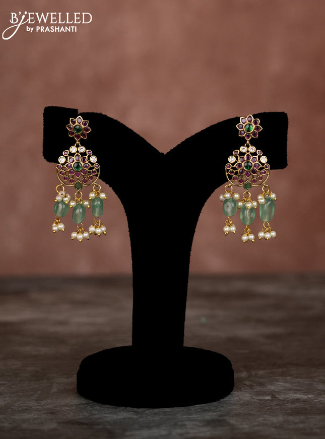 Beaded multilayer mint green necklace floral pendant with kemp & cz stones and pearl hangings in victorian finish