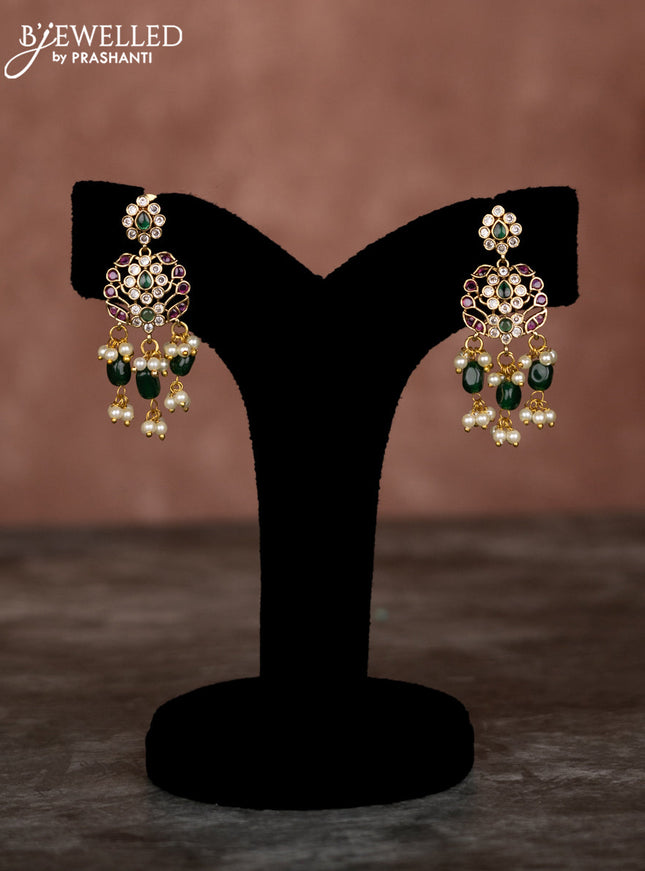 Beaded multilayer green necklace floral pendant with kemp & cz stones and pearl hangings in victorian finish